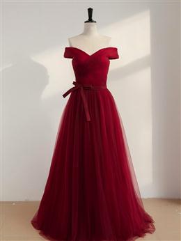 Picture of Wine Red Color Off Shoulder Simple Sweetheart Floor Length Party Dresses, Dark Red Color Formal Dresses